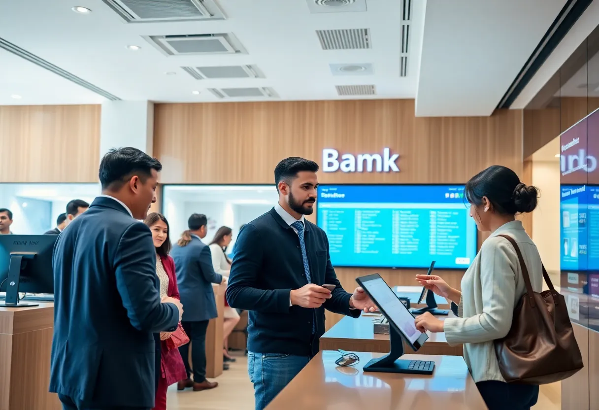Customers engaging with staff in a modern bank branch showcasing customer service