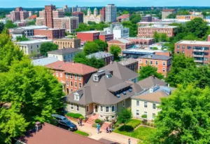 A vibrant Baltimore neighborhood with historic and modern homes, parks, and residents enjoying the community.