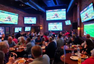 Crowded Baltimore restaurant filled with fans celebrating Super Bowl Sunday