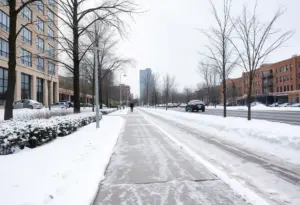 Snow-covered sidewalk in Baltimore after winter storm