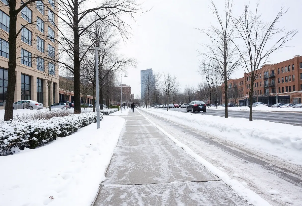 Snow-covered sidewalk in Baltimore after winter storm
