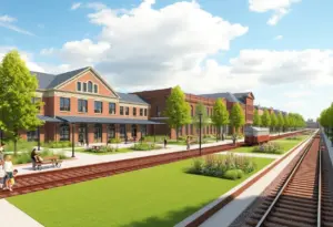 Rendering of the B&O Railroad Museum's future layout with new gardens and restored buildings.