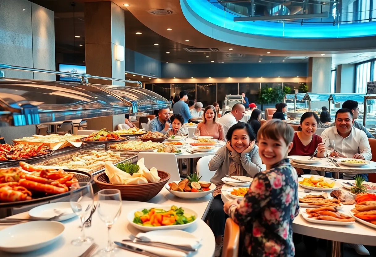 Interior view of D1 Seafood Buffet & Bar with seafood dishes on display