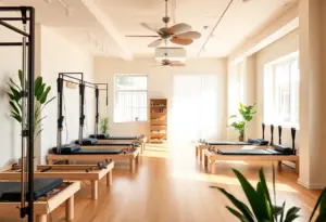 The interior of Embody Pilates & Wellness studio featuring Pilates reformers and calming decor.