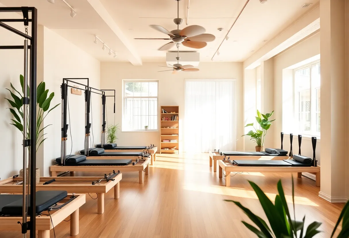 The interior of Embody Pilates & Wellness studio featuring Pilates reformers and calming decor.