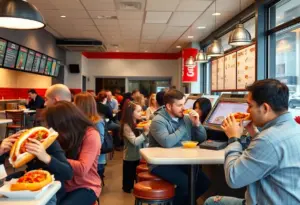 Customers enjoying cheesesteaks at Geno's Steaks Baltimore location