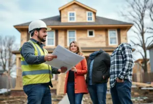 Couple consulting with home builder at a construction site in Baltimore
