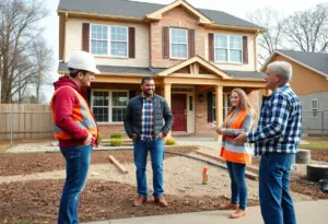 Couple discussing home building plans with a builder in Baltimore