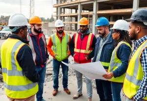 Contractors and construction workers in discussion on a project site in Maryland