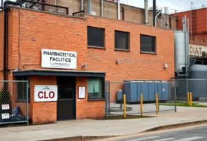 Closure sign at a pharmaceutical facility in Baltimore.