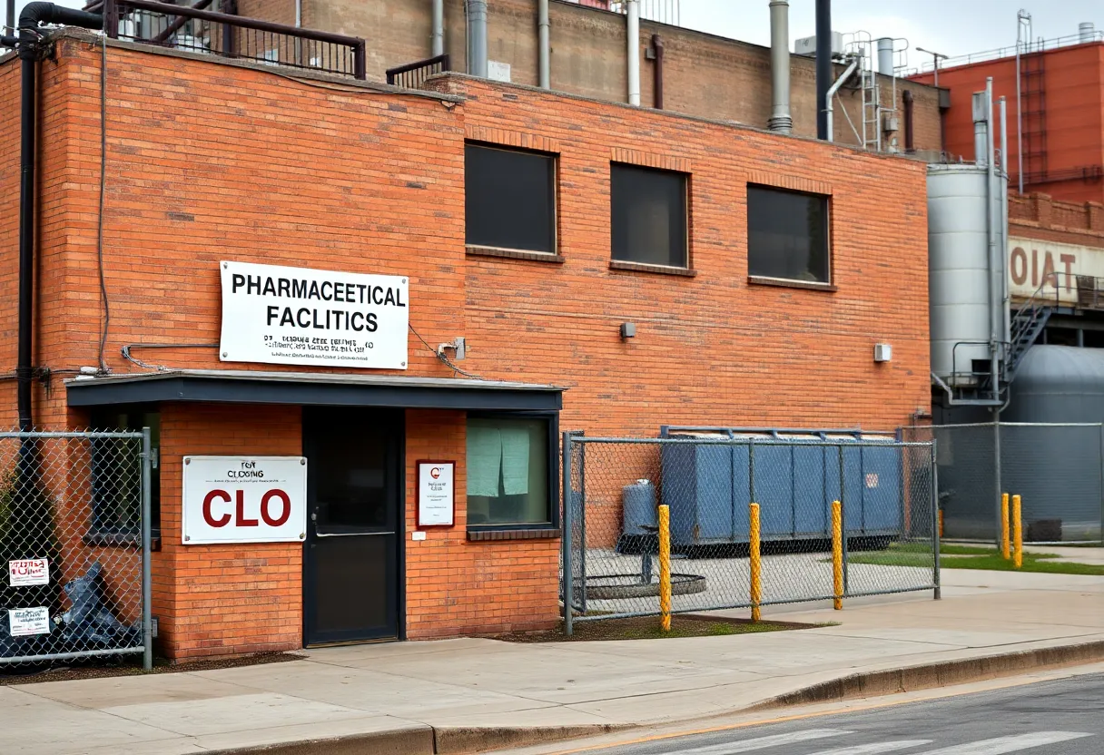 Closure sign at a pharmaceutical facility in Baltimore.