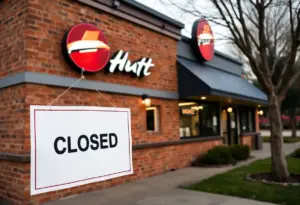 A closed Pizza Hut restaurant with a sign indicating its closure.