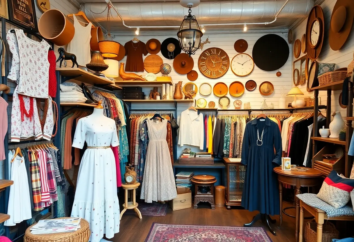 Interior of Rosebud Retro vintage store in Towson showcasing vintage clothing and decor.