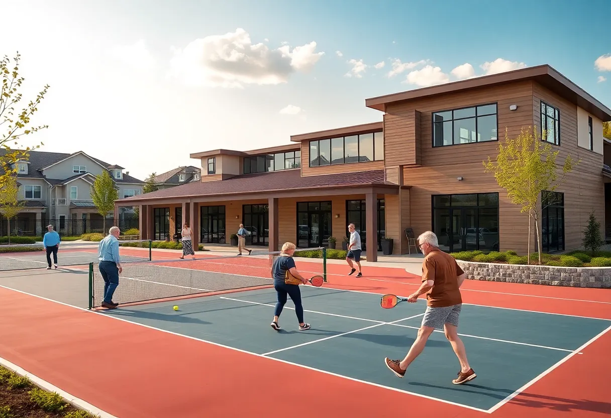 Modern clubhouse and pickleball courts at Ruxton Tower