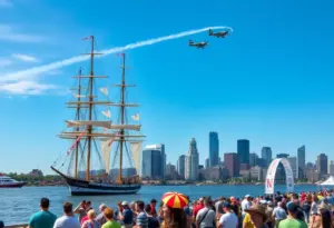 Tall ships and military aircraft at the SAIL250 Maryland Air Show in Baltimore