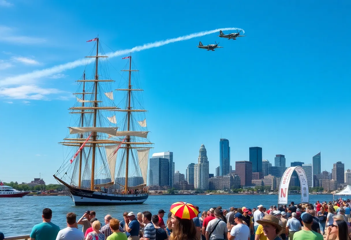 Tall ships and military aircraft at the SAIL250 Maryland Air Show in Baltimore