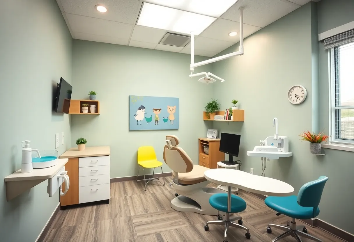 A sensory-friendly pediatric dental office with soft lighting and calming decor