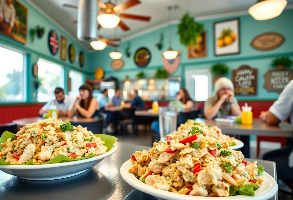 Interior view of a Southern restaurant with chicken salad dishes on display