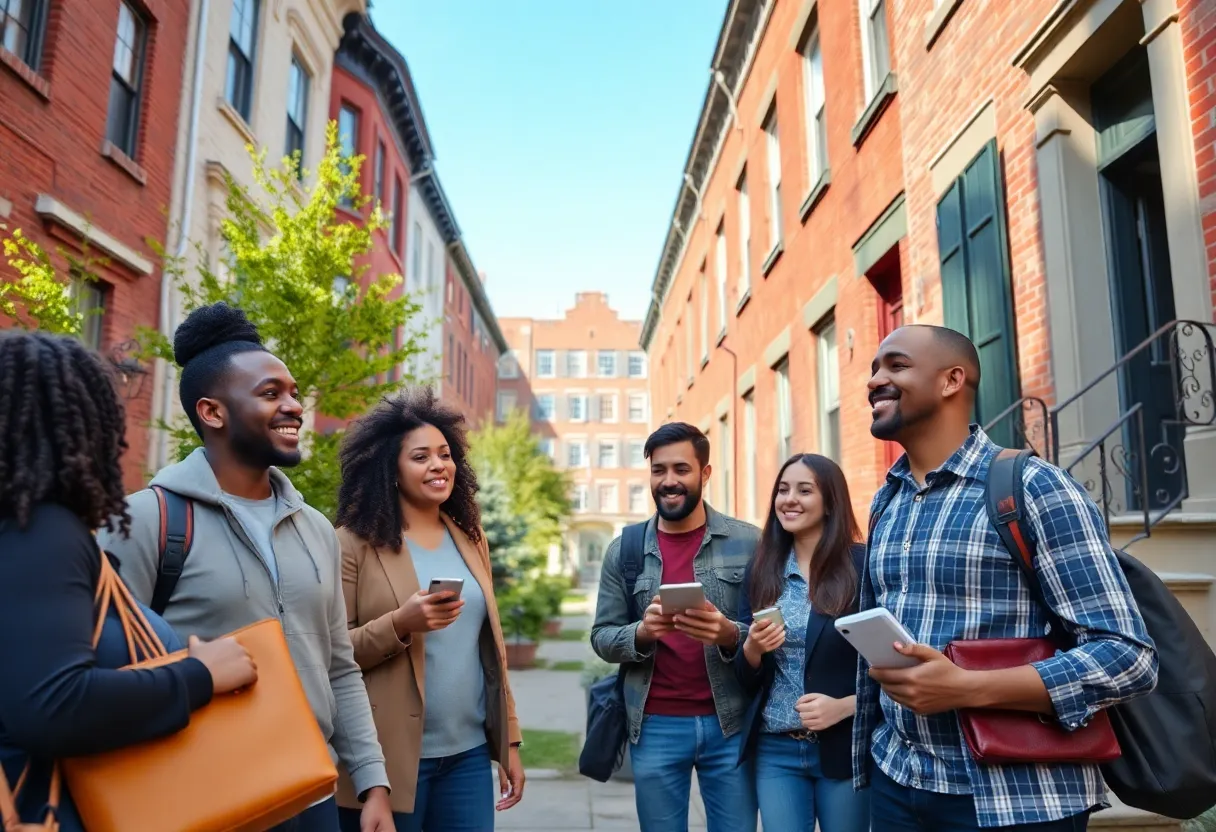Group of diverse first-time homebuyers in a Baltimore neighborhood