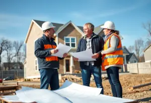A home builder and homeowner discussing construction plans in Baltimore