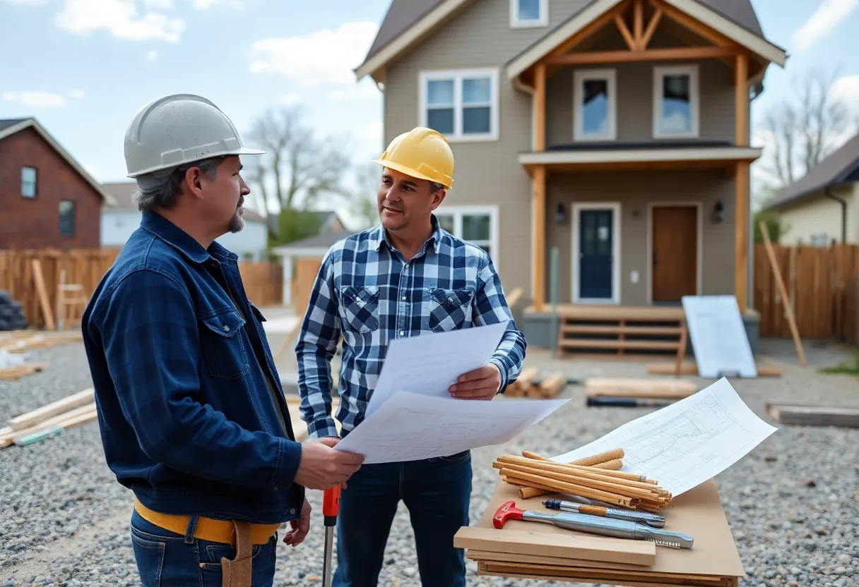 Home builder and homeowner consulting at a construction site in Baltimore.